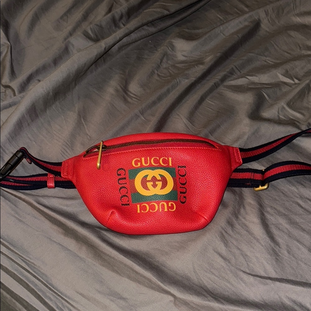 Gucci Red Belt Bag with Gold Logo and Adjustable Strap